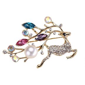 Christmas Reindeer Brooche Pin White Pearl Colorful Rhinestone Animal Deer Pin Fashion Women Girls Dress Coat Suit Pin Corsage Gift