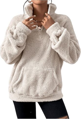 Women's Zip Up Fuzzy Sweatshirts Funnel Neck Long Sleeve Drop Shoulder Teddy Pullover Top with Pocket in Saudi Arabia