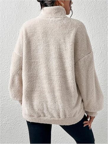 Women's Zip Up Fuzzy Sweatshirts Funnel Neck Long Sleeve Drop Shoulder Teddy Pullover Top with Pocket in Saudi Arabia