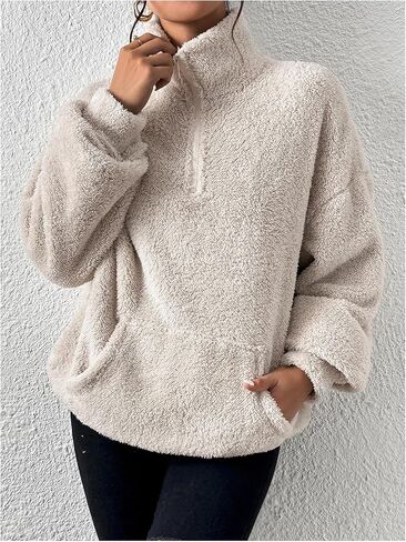 Women's Zip Up Fuzzy Sweatshirts Funnel Neck Long Sleeve Drop Shoulder Teddy Pullover Top with Pocket in Saudi Arabia