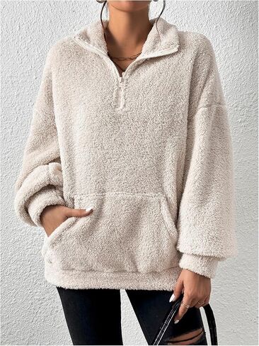 Women's Zip Up Fuzzy Sweatshirts Funnel Neck Long Sleeve Drop Shoulder Teddy Pullover Top with Pocket in Saudi Arabia