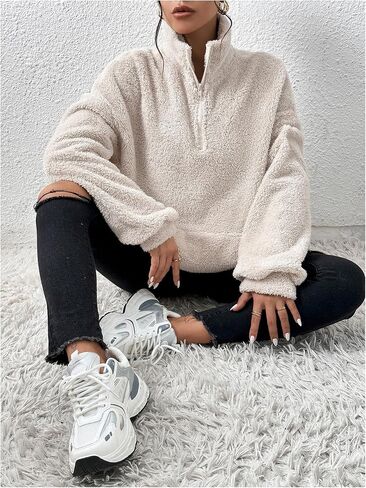 Women's Zip Up Fuzzy Sweatshirts Funnel Neck Long Sleeve Drop Shoulder Teddy Pullover Top with Pocket in Saudi Arabia