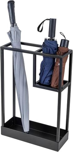 MyGift Modern Brass Tone Metal Entryway Umbrella Rack with Geometric Design, 13 x 5-inch Wide Rectangular Freestanding Cane Umbrella Holder with Shelf for Small Umbrellas and Bottom Drip Catch Tray in Saudi Arabia