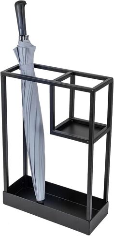 MyGift Modern Brass Tone Metal Entryway Umbrella Rack with Geometric Design, 13 x 5-inch Wide Rectangular Freestanding Cane Umbrella Holder with Shelf for Small Umbrellas and Bottom Drip Catch Tray in Saudi Arabia