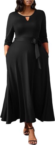 FANDEE Plus Size Maxi Dresses for Women 3/4 Casual Wedding Guest Cocktail Church Keyhole Dress with Pockets & Belt in Saudi Arabia