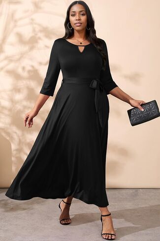 FANDEE Plus Size Maxi Dresses for Women 3/4 Casual Wedding Guest Cocktail Church Keyhole Dress with Pockets & Belt in Saudi Arabia