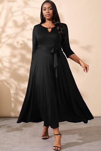 FANDEE Plus Size Maxi Dresses for Women 3/4 Casual Wedding Guest Cocktail Church Keyhole Dress with Pockets & Belt in Saudi Arabia