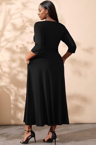 FANDEE Plus Size Maxi Dresses for Women 3/4 Casual Wedding Guest Cocktail Church Keyhole Dress with Pockets & Belt in Saudi Arabia