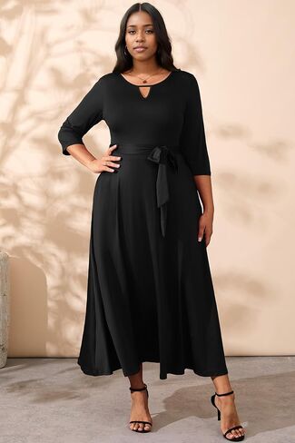 FANDEE Plus Size Maxi Dresses for Women 3/4 Casual Wedding Guest Cocktail Church Keyhole Dress with Pockets & Belt in Saudi Arabia