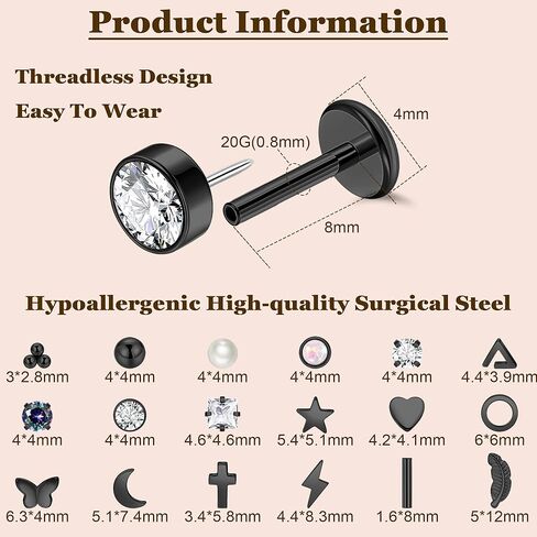 20G 18Pairs Surgical Steel Threadless Stud Earrings for Women Men Hypoallergenic CZ Flatback Earrings Star Moon Cartilage Helix Tragus Lobe Stud Earring Set for Multiple Piercing in Kuwait