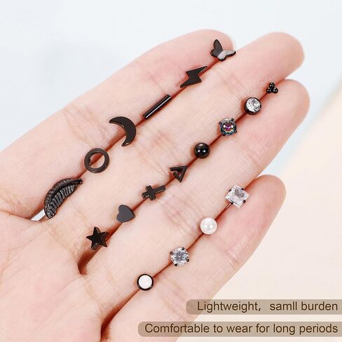 20G 18Pairs Surgical Steel Threadless Stud Earrings for Women Men Hypoallergenic CZ Flatback Earrings Star Moon Cartilage Helix Tragus Lobe Stud Earring Set for Multiple Piercing in Kuwait