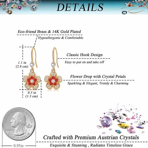Austrian Crystal Flower Dangle Drop Earrings for Women 14K Gold Plated Hypoallergenic Jewelry in Kuwait