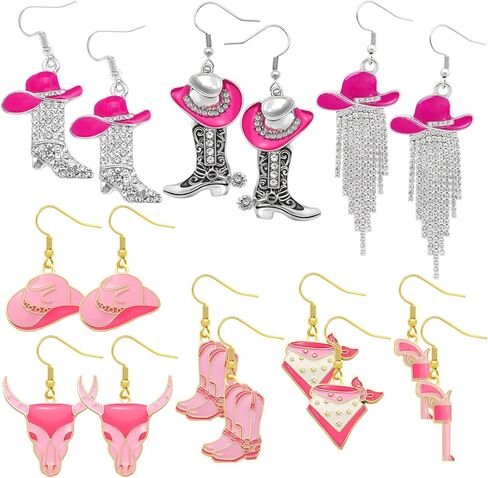 8 Pairs Cowgirl Western Country Concert Earrings Rhinestone Enamel Rodeo Cowboy Boot Earrings Tassel Cowboy Hat Dangle Earrings for Women Trendy in Kuwait