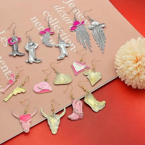 8 Pairs Cowgirl Western Country Concert Earrings Rhinestone Enamel Rodeo Cowboy Boot Earrings Tassel Cowboy Hat Dangle Earrings for Women Trendy in Kuwait