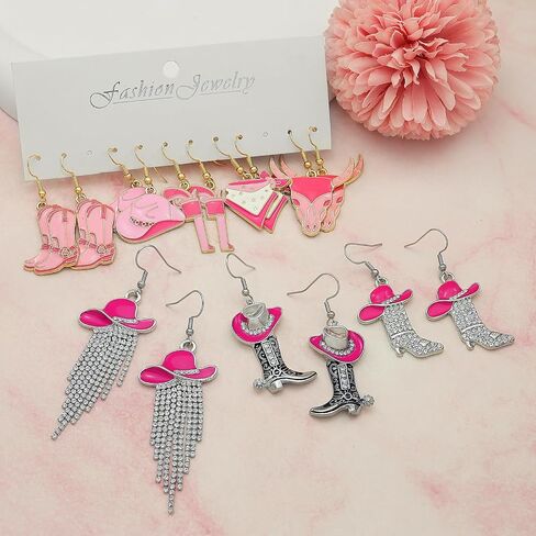 8 Pairs Cowgirl Western Country Concert Earrings Rhinestone Enamel Rodeo Cowboy Boot Earrings Tassel Cowboy Hat Dangle Earrings for Women Trendy in Kuwait