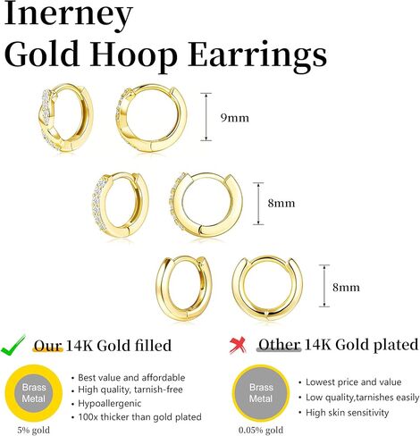 مجموعة أقراط دائرية ذهبية للنساء، أقراط هوجي صغيرة أنيقة عيار 14 قيراط لمجوهرات متعددة خفيفة الوزن لا تسبب الحساسية، أقراط غضروف مكعبة مزدوجة ملتوية عصرية للفتيات المراهقات 3 أزواج in Kuwait