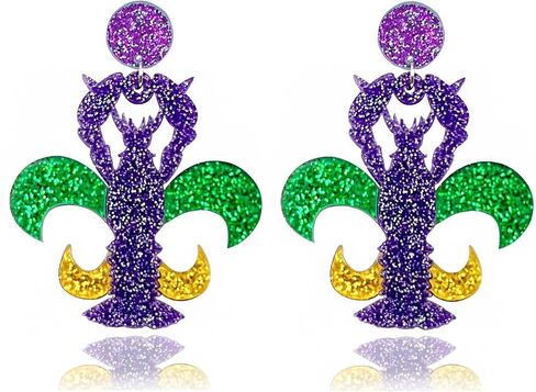 Mardi Gras Earrings for Women,Mardi Gras Dangle Earrings Purple Green and Gold Mardi Gras Accessories Fleur De Lis Carnival Earrings Resin Acrylic Mardi Gras Jewelry for Fat Tuesday Celebrations Cosplay Party in Saudi Arabia
