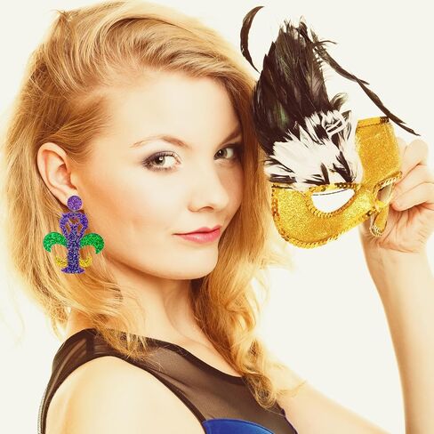 Mardi Gras Earrings for Women,Mardi Gras Dangle Earrings Purple Green and Gold Mardi Gras Accessories Fleur De Lis Carnival Earrings Resin Acrylic Mardi Gras Jewelry for Fat Tuesday Celebrations Cosplay Party in Saudi Arabia
