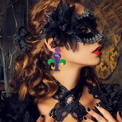 Mardi Gras Earrings for Women,Mardi Gras Dangle Earrings Purple Green and Gold Mardi Gras Accessories Fleur De Lis Carnival Earrings Resin Acrylic Mardi Gras Jewelry for Fat Tuesday Celebrations Cosplay Party in Saudi Arabia