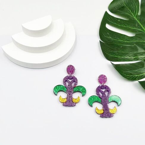 Mardi Gras Earrings for Women,Mardi Gras Dangle Earrings Purple Green and Gold Mardi Gras Accessories Fleur De Lis Carnival Earrings Resin Acrylic Mardi Gras Jewelry for Fat Tuesday Celebrations Cosplay Party in Saudi Arabia