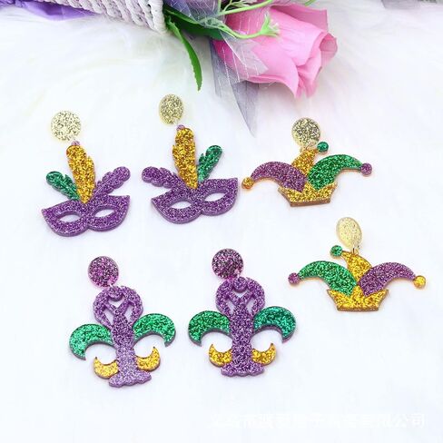 Mardi Gras Earrings for Women,Mardi Gras Dangle Earrings Purple Green and Gold Mardi Gras Accessories Fleur De Lis Carnival Earrings Resin Acrylic Mardi Gras Jewelry for Fat Tuesday Celebrations Cosplay Party in Saudi Arabia