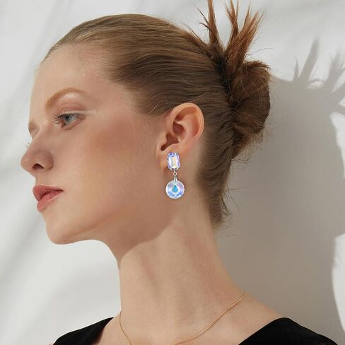 Crystal Drop Dangle Earrings for Women Square Circle Geometric Blue Purple Rhinestone Drop Earrings for Mom Wife Prom in Kuwait
