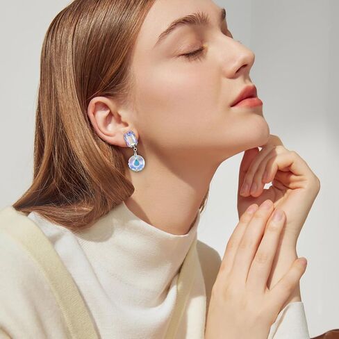 Crystal Drop Dangle Earrings for Women Square Circle Geometric Blue Purple Rhinestone Drop Earrings for Mom Wife Prom in Kuwait