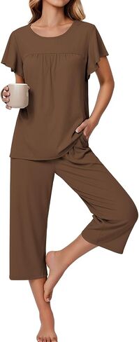 Ekouaer Pajamas for Women Set Ribbed Knit Lounge Set Short Sleeve Pjs Top and Capri Pants Soft Sleepwear in Saudi Arabia