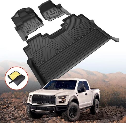 Car Floor Mats for Ford F-150 2015-2020/2021 2022 2023 2024 (Rear w/o Fold Flat Storage), All Weather Protection TPE Car Mats Custom Truck Liners Accessories, Front & 2nd Row Car Liners Set, Black in Saudi Arabia