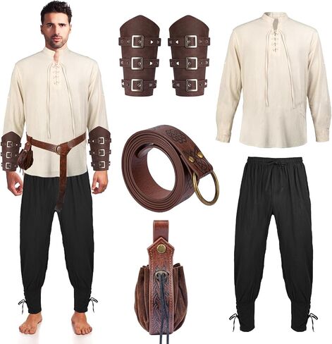 5 Pcs Renaissance Costume Men Medieval Pirate Cosplay Costume Viking Outfit Shirt Pants with Belts for Halloween in Saudi Arabia