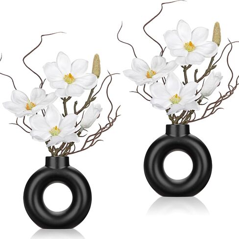 Briful 2PCS Magnolia Artificial Flowers with Black Vase White Magnolia Floral Arrangement Faux Potted Silk Flowers for Home Office Bathroom Kitchen Shelf Table Centerpiece Modern Decor in Kuwait