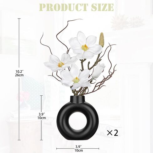 Briful 2PCS Magnolia Artificial Flowers with Black Vase White Magnolia Floral Arrangement Faux Potted Silk Flowers for Home Office Bathroom Kitchen Shelf Table Centerpiece Modern Decor in Kuwait