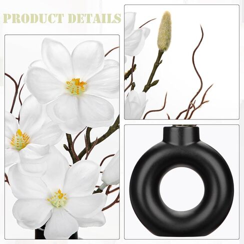 Briful 2PCS Magnolia Artificial Flowers with Black Vase White Magnolia Floral Arrangement Faux Potted Silk Flowers for Home Office Bathroom Kitchen Shelf Table Centerpiece Modern Decor in Kuwait