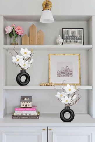 Briful 2PCS Magnolia Artificial Flowers with Black Vase White Magnolia Floral Arrangement Faux Potted Silk Flowers for Home Office Bathroom Kitchen Shelf Table Centerpiece Modern Decor in Kuwait