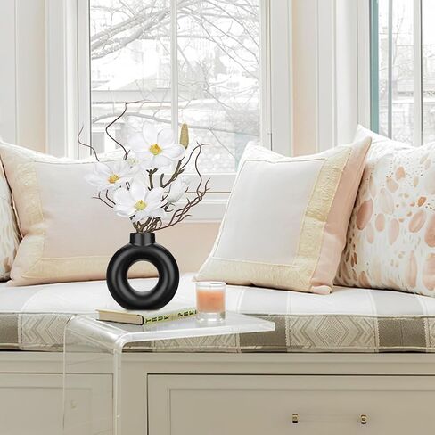 Briful 2PCS Magnolia Artificial Flowers with Black Vase White Magnolia Floral Arrangement Faux Potted Silk Flowers for Home Office Bathroom Kitchen Shelf Table Centerpiece Modern Decor in Kuwait