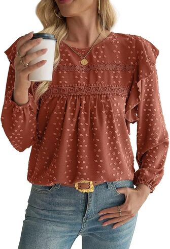 Womens Long Sleeve Tops Ruffle Swiss Dot Boho Crochet Loose Fit Flowy 2025 Fall Blouses Tunic Dressy Casual Shirts in Saudi Arabia