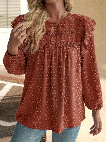 Womens Long Sleeve Tops Ruffle Swiss Dot Boho Crochet Loose Fit Flowy 2025 Fall Blouses Tunic Dressy Casual Shirts in Saudi Arabia
