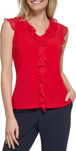 Tommy Hilfiger Women's Sleeveless Mix Media Ruffle Blouse in Saudi Arabia