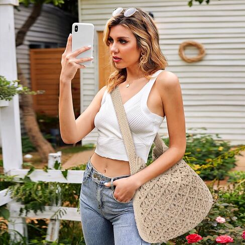 hatisan Women's Crochet Tote Bags Large Crochet Bag Tote bag Aesthetic Knit Bag Shoulder Handbags in Saudi Arabia