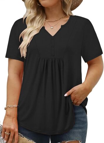 VISLILY Women's Plus-Size-Summer-Tops Trendy Henley V Neck T-Shirts Flowy Pleated Tunics Short Sleeve Buttons Up Blouses in Kuwait