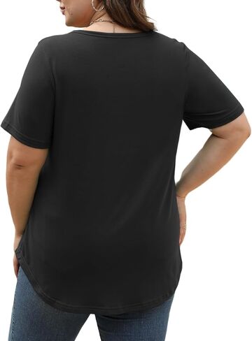 VISLILY Women's Plus-Size-Summer-Tops Trendy Henley V Neck T-Shirts Flowy Pleated Tunics Short Sleeve Buttons Up Blouses in Kuwait