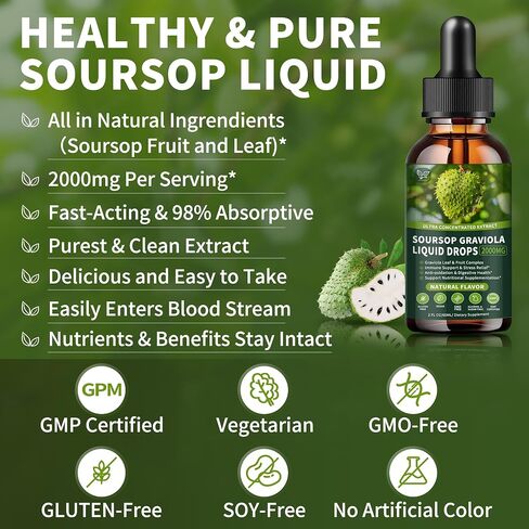 Soursop Graviola Liquid Drops 2000mg, Organic Soursop Extract - 98% Absorption Soursop Bitters Liquid for Cell Support & Regeneration and Immune Boost, Sugar/Gluten Free, Natural Flavor, 2 Fl Oz in Saudi Arabia