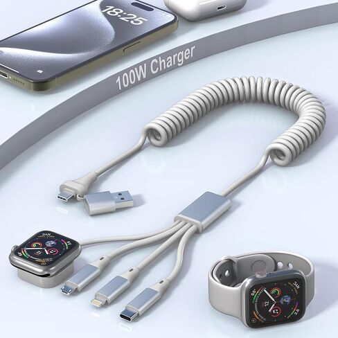 4 in 2 Multi Charging Cable for Apple Watch Charger USB C,100W 10FT Retractable iPhone and Watch Charger Cable Fast Charging Cord with Lightning/Micro/Type C/iWatch for iPhone iPad iWatch MacBook in Saudi Arabia