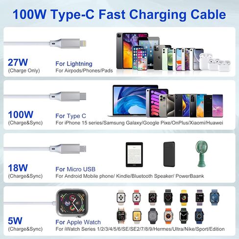 4 in 2 Multi Charging Cable for Apple Watch Charger USB C,100W 10FT Retractable iPhone and Watch Charger Cable Fast Charging Cord with Lightning/Micro/Type C/iWatch for iPhone iPad iWatch MacBook in Saudi Arabia