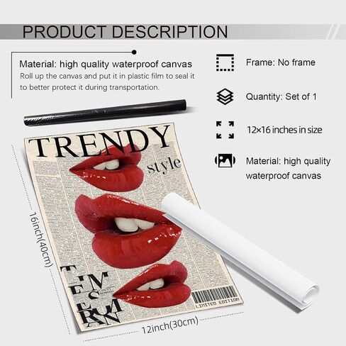 jkahh Trendy Y2k Newspaper Wall Art Vintage Red Lips Kiss Prints Poster Fashion Preppy Aesthetic Canvas Pictures for Bedroom Dorm Wall Decor 12X16 inch Unframed in Saudi Arabia