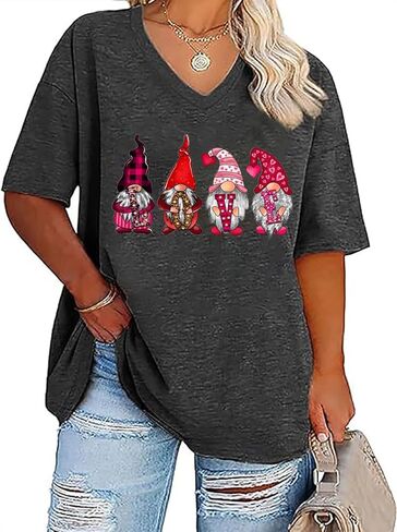 QIANRUO حجم كبير قميص عيد الحب المرأة الرجعية عاشق القلب الجرافيك تيز عادية كم قصير الخامس الرقبة القمم بلوزة in Kuwait