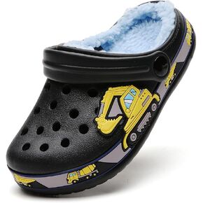 SECHRITE Toddler Kids Lined Clogs Garden Shoes with Fuzzy Fur Cartoon Slip On Mules Boys Girls Winter Warm Home Slippers Indoor Outdoor