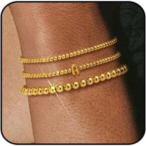 Gold Beaded Bracelets for Women, Stackable Gold Initial Bracelets for Women Non Tarnish, 14K Real Gold Plated Stretch Bead Ball Waterproof Bracelet with Letter Bracelets