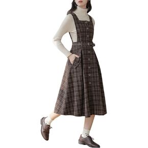 Sleeveless Plaid Belted Dress for Women Fall Winter Square Collar Wool Midi Overall Pinafore Dress with Pocket