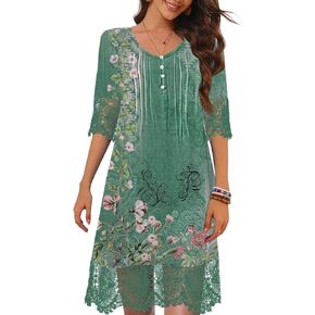 ETCYY Womens Summer Dresses Beach Cover Ups Sundresses Casual Floral Pleated 3/4 Short Sleeve Button Down T Shirt Midi Dress